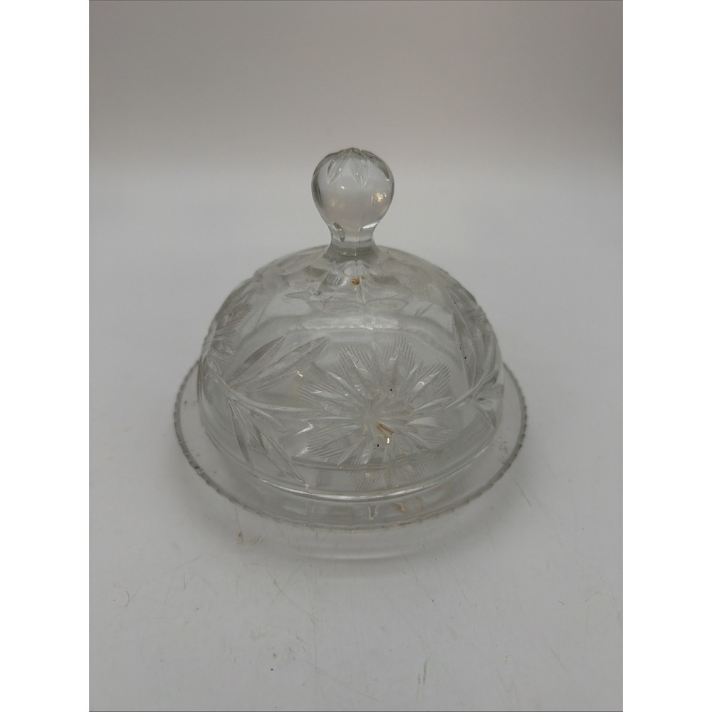 Vintage Cut Crystal Clear Glass Covered Butter Dish Stars and Pinwheel Pattern
